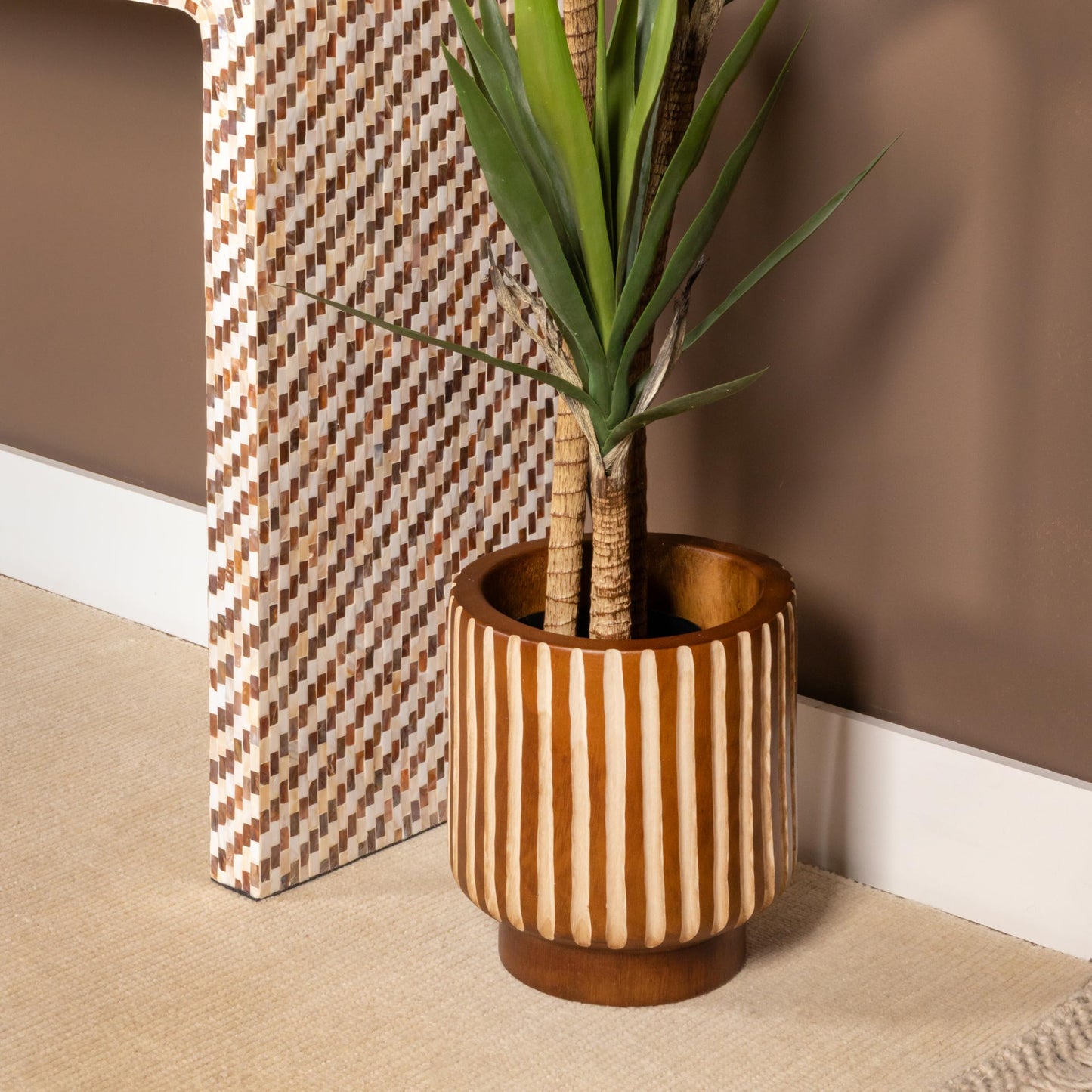 Creative Co-Op Hand-Carved Wood Planter with Stripes, Walnut Finish