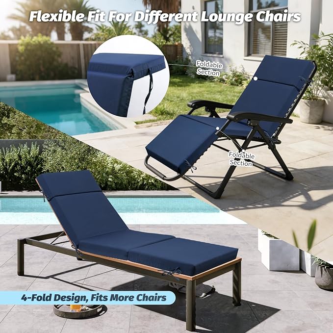 Outdoor Chaise Lounge Cushion 72" x 21" x 3", 4-Section Folding Patio Lounge