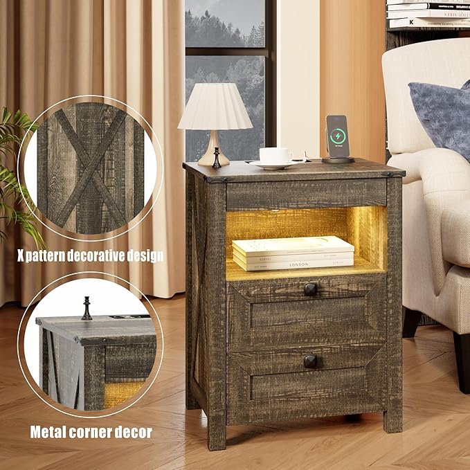 HWB Nightstands Set of 2 with Hidden Drawer, Farmhouse Bedside Table with