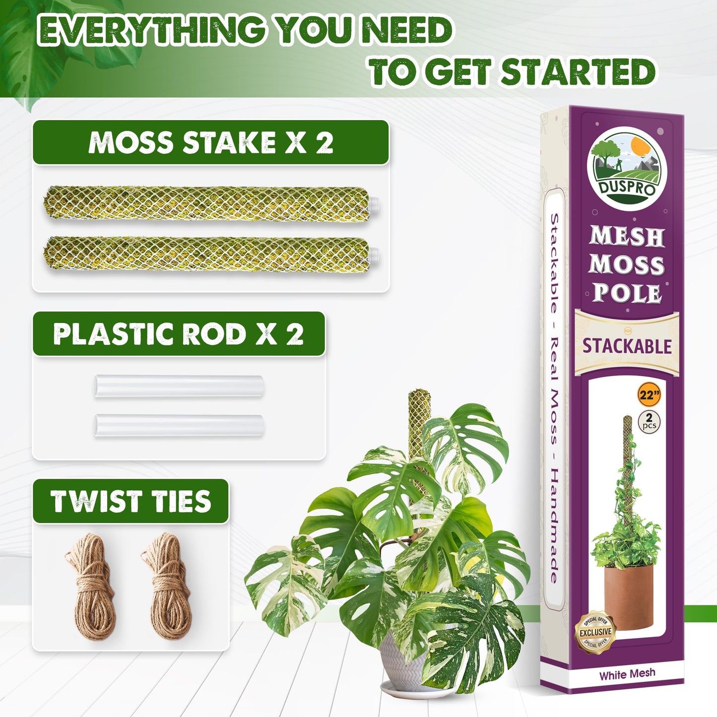 DUSPRO 2 Pack 22" White Stackable Mesh Moss Pole for Plants β Extendable Up to 39", Natural Forest Moss Pole Monstera Plant Support, Moss Stick for Climbing Plants, Indoor Plant Stakes Accessories