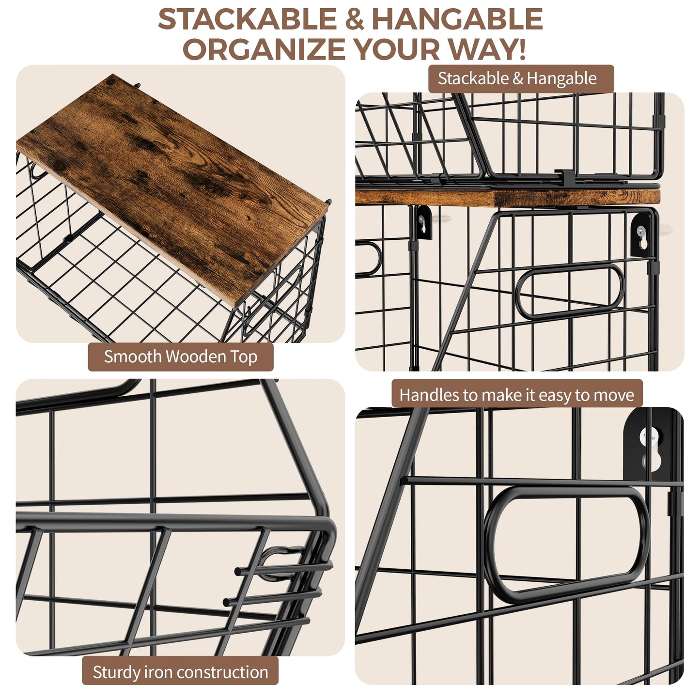 Delamu Stackable Metal Fruit Basket with Wood Lid 2 Pack, Hanging Wall Organizer for Kitchen Counter, Pantry Storage for Onions, Potatoes, Garlic, Fruits, Spices, Black