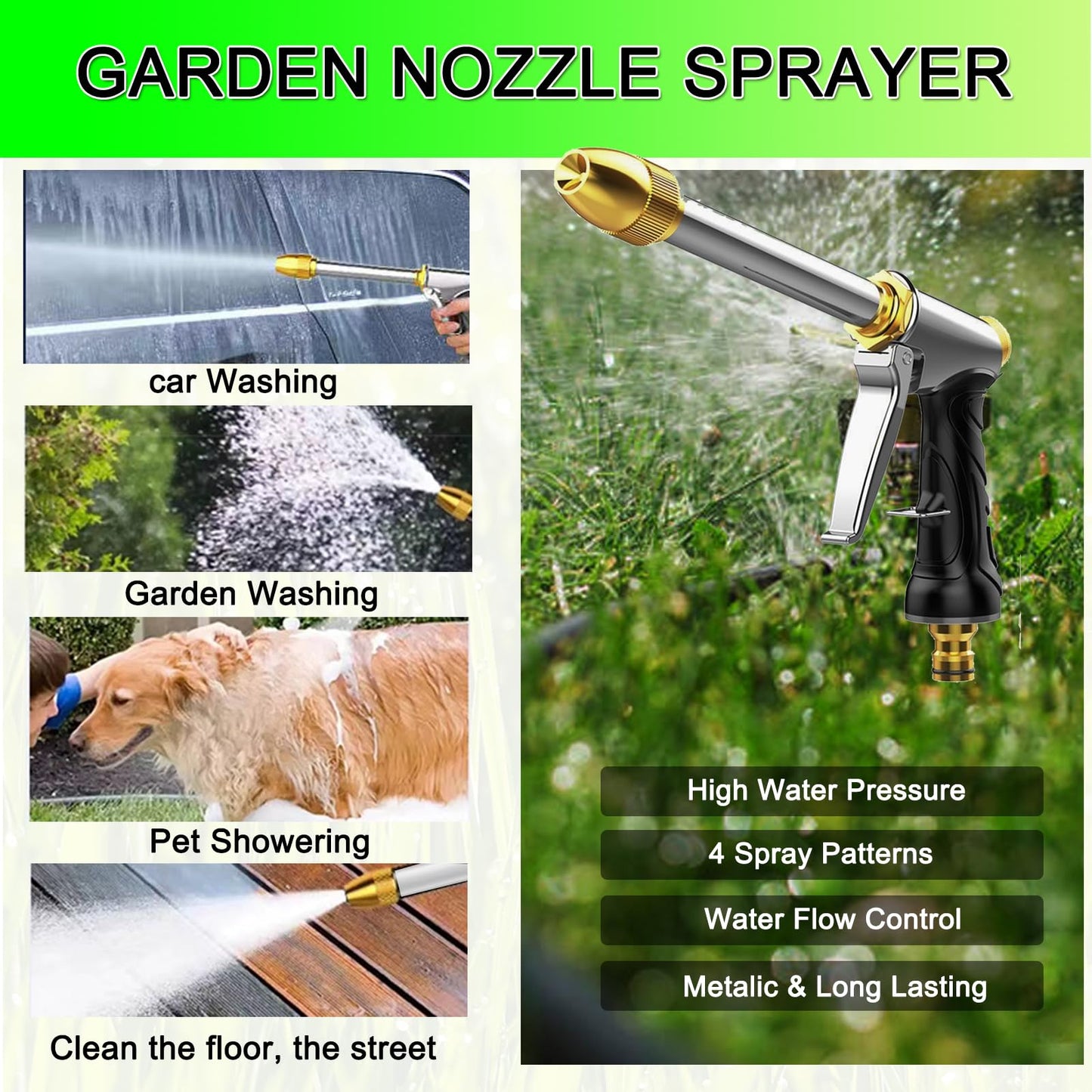 VNEIRSHAH Heavy garden hose nozzle - adjustable spray mode high-pressure rotary spray gun, brass nozzle, anti slip grip and quick connector, suitable for lawn, plants, car washing, pets