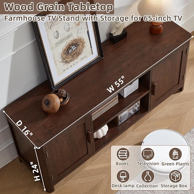 Joaxswe Farmhouse 55" Entertainment Center, Walnut Tv Stand