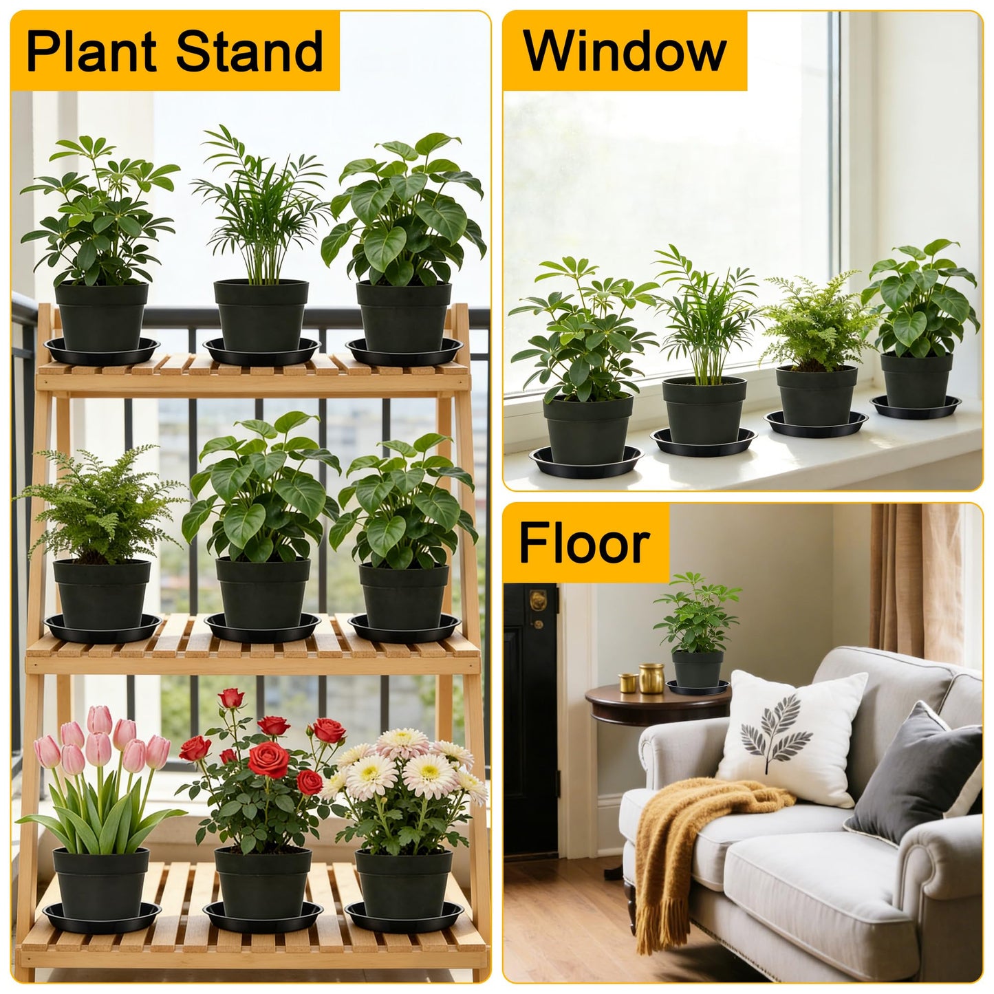 WYIPOLZI 6 Pack 8 Inch Plant Saucers Tray,Heavy Duty Plastic Plant Trays Drip Plates for Home & Garden Potted Plants, Water Trays Saucers for Pots Planter, Indoor&Outdoor Use,Black