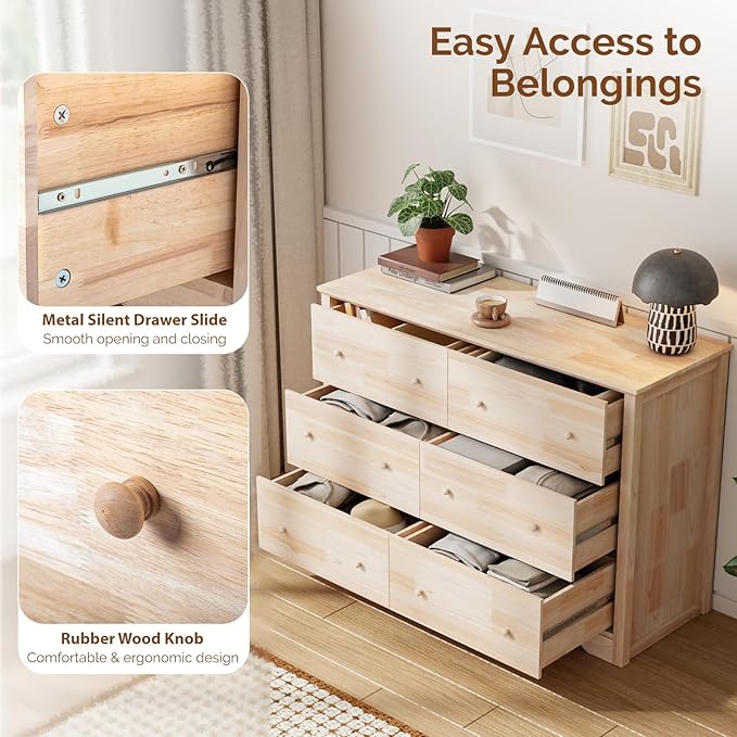 VINGLI 6 Drawer Dresser with Unfinished Solid Wood