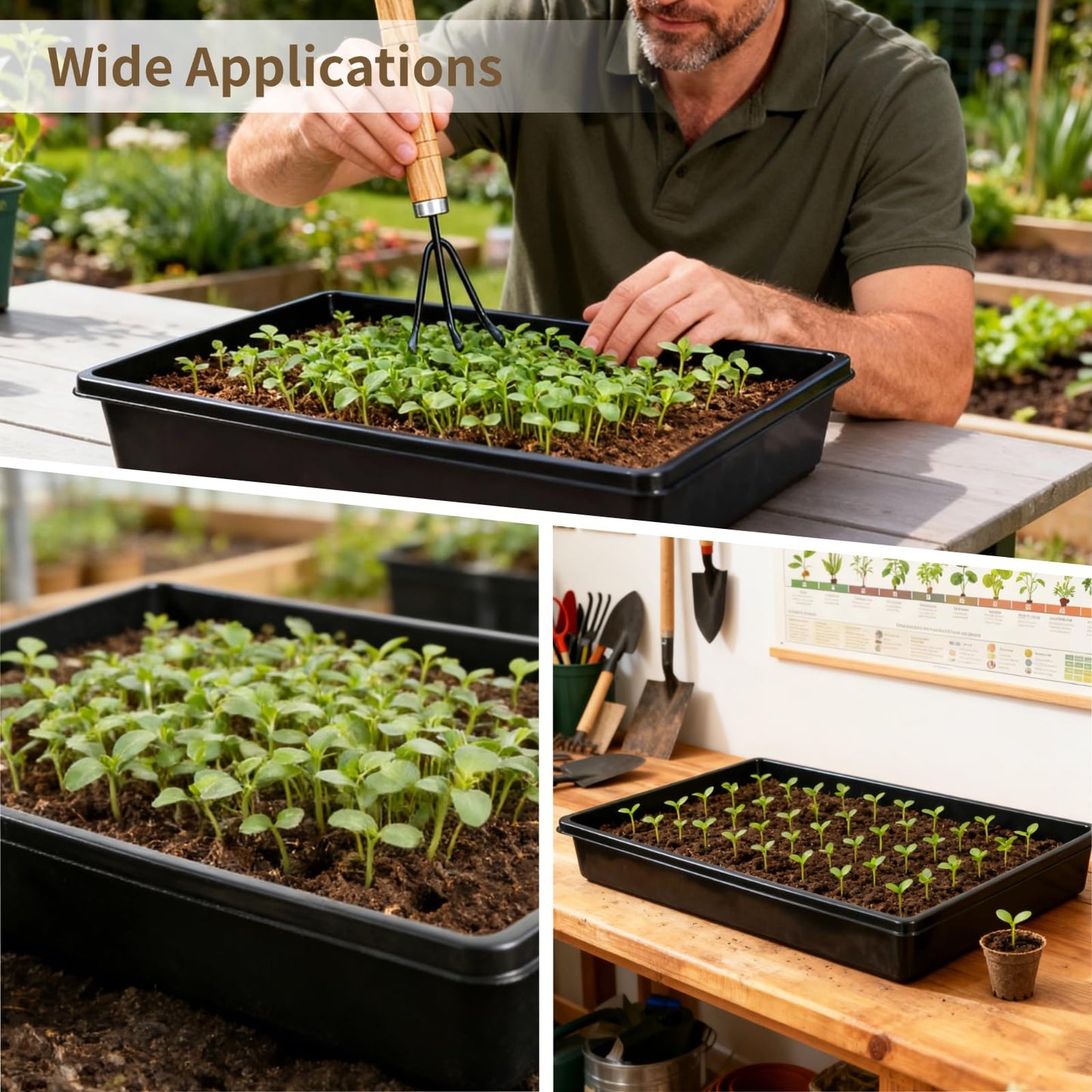 DORMIYA 10 PCS Plant Starting Trays with 3 Small Garden Tools, Thick Heavy Duty Plastic No-Hole Plant Germination Trays with Raised Drainage Ridges, Reusable Growing Trays for Peat Pot Microgreens
