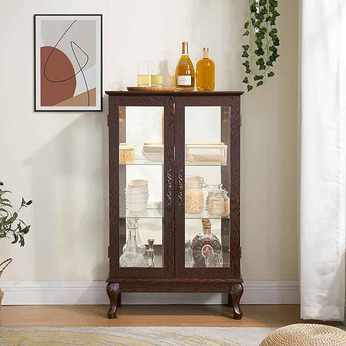 Curio Cabinet with Lighted Display, Glass Display with Mirrored Back, Vintage