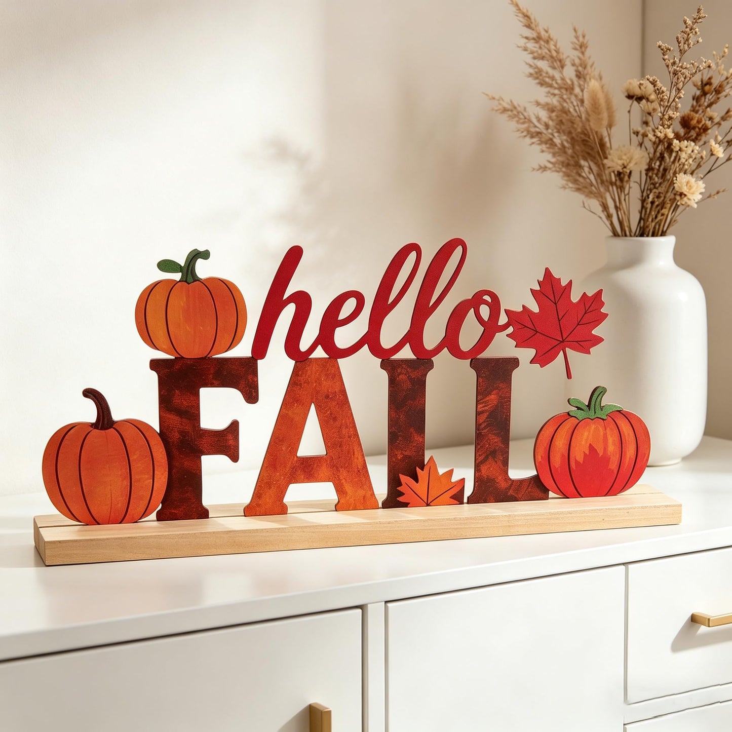 LianheCy Hello Fall Metal Sign with Wooden Base Freestanding Rustic Pumpkin Tabletop Decor Tiered Tray Centerpiece Autumn Decorations for Home Mantel Shelf Fireplace Office