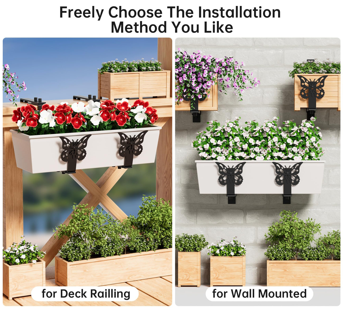 HFHOME Window Box Brackets, Adjustable Planter Box Brackets, Heavy Duty Flower Railing Planter Bracket for Balcony, with Enhanced Bottom Support, Perfect for Deck, Fence and Garden - Black (6 Pack)