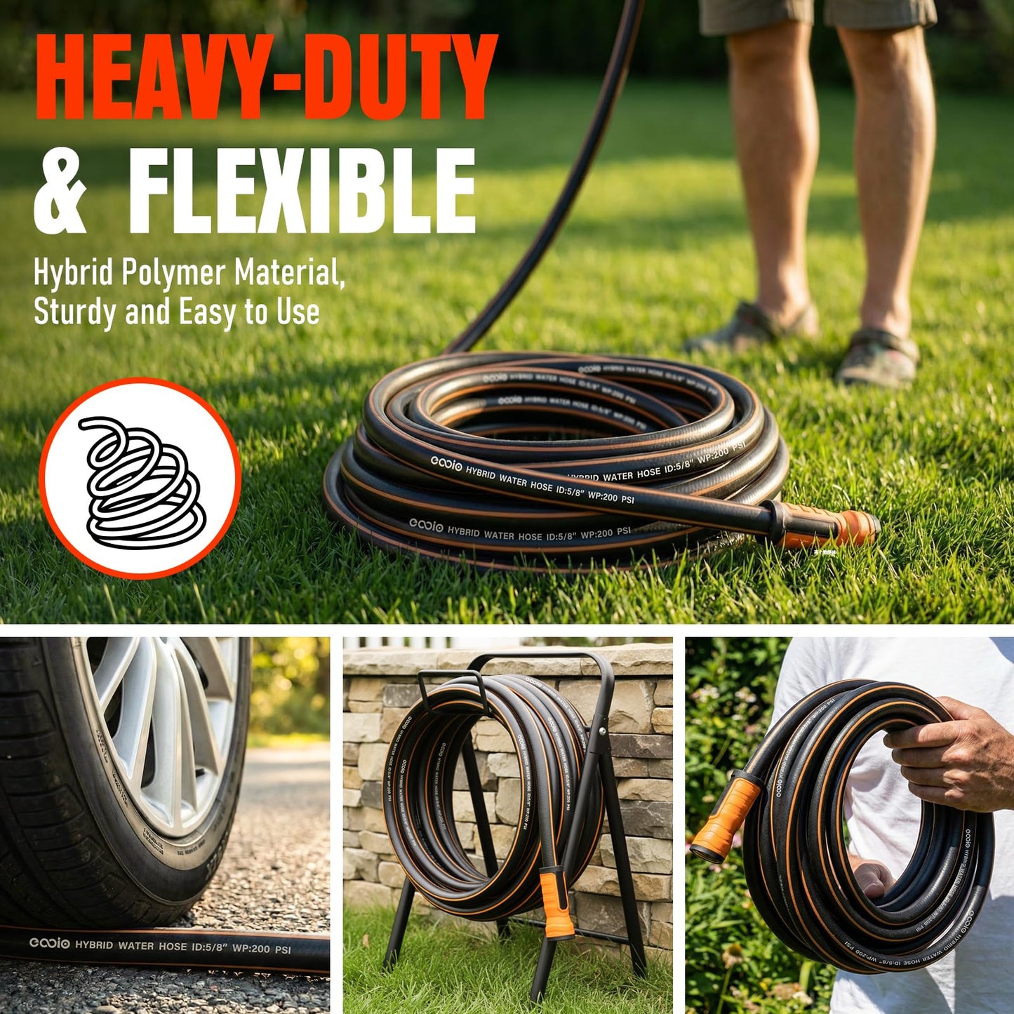 Garden Hose 25 ft x 5/8", Heavy Duty Water Hose, Flexible and Durable, Kink Resistant Lightweight Hybrid Hose, Leakproof Yard Hose with Male to Female Fittings