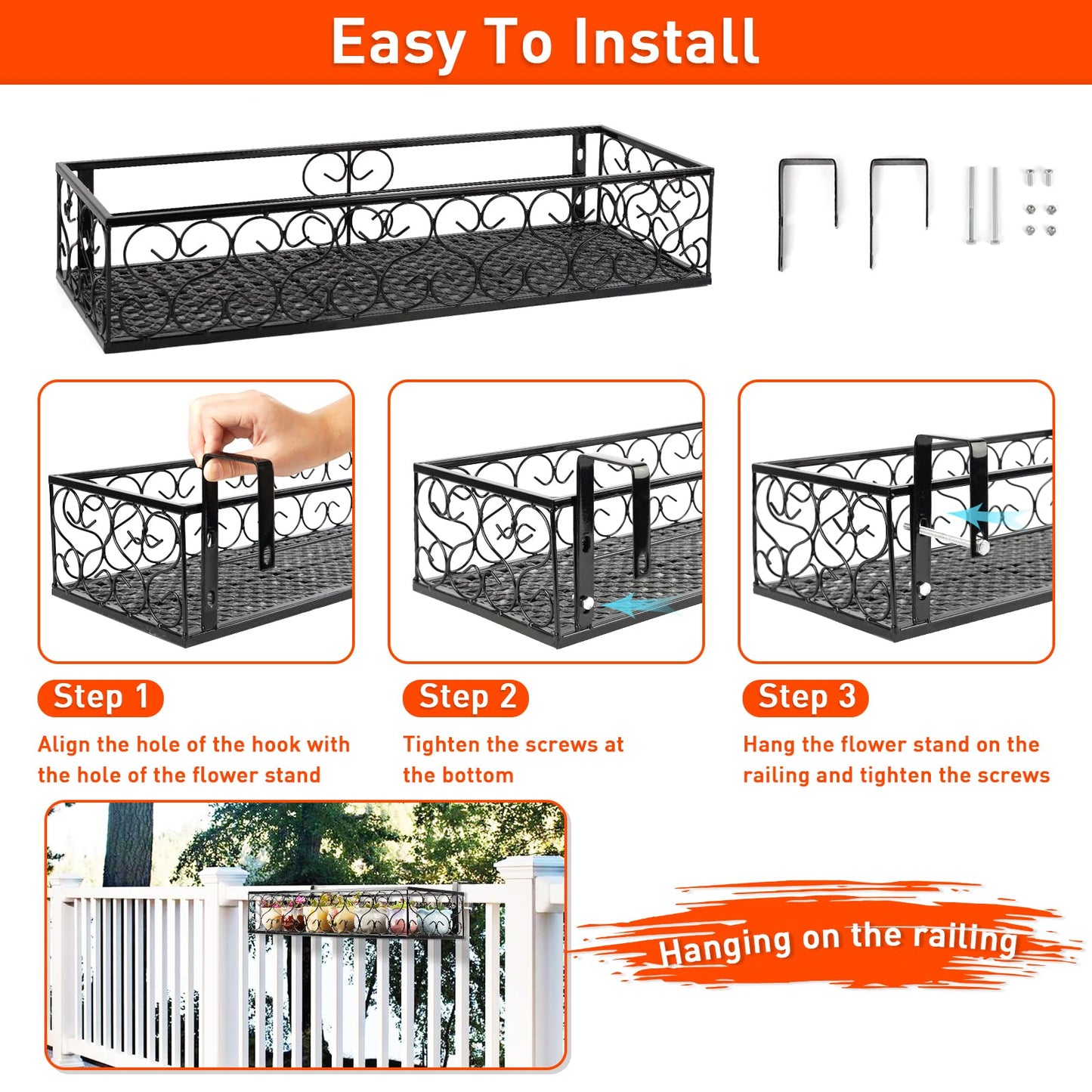 Fitlyiee Balcony Flower Pot Stand Rack Patio Railing Shelf Plant Pots Holder Windows decorate (L, Black)