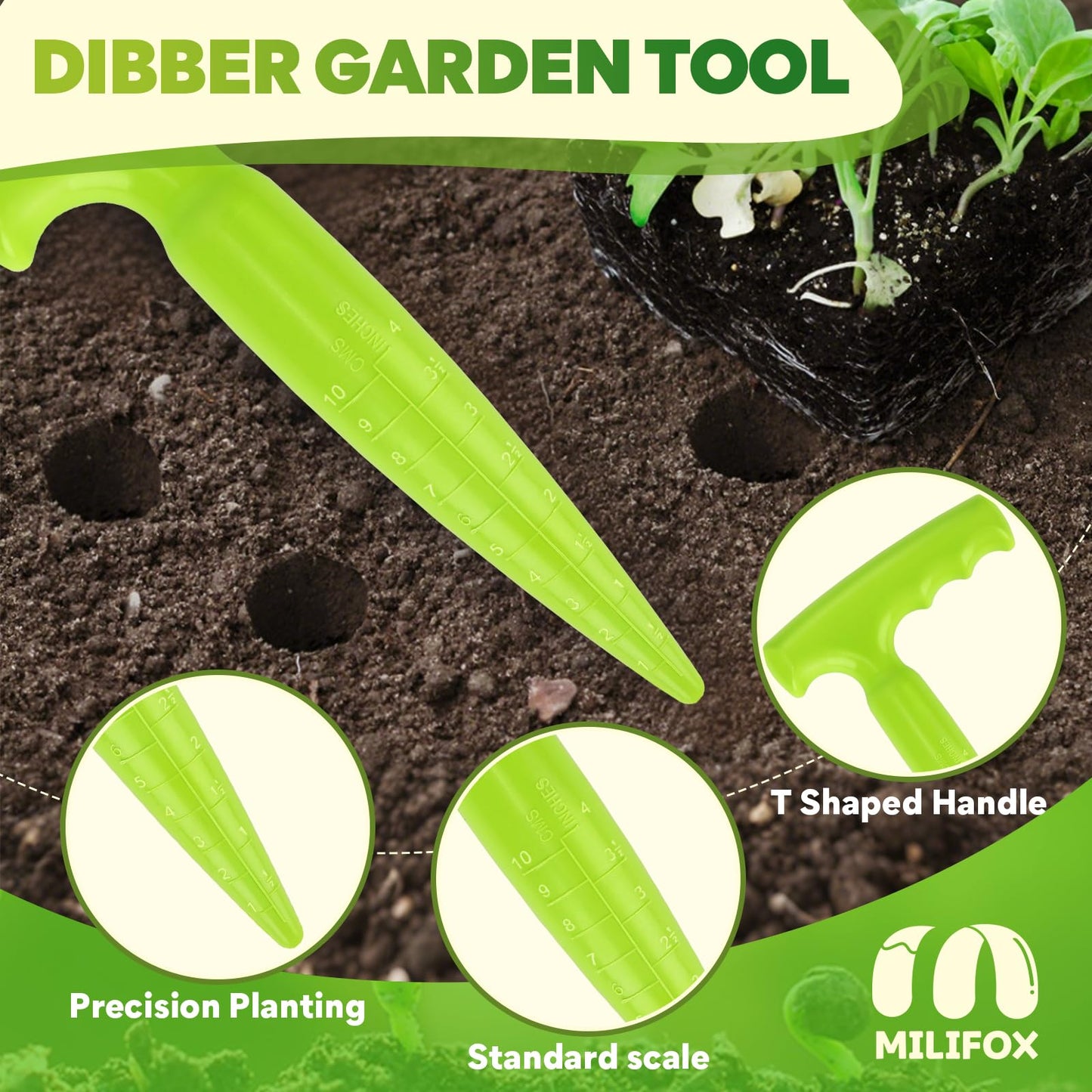 Milifox Seed Planter Tool, 6.9" Dibber Garden Tool, Plastic Dibbler Tools for Planting, Seed Dispenser, Bulb Digger Garden Planter for Sowing Seeds, Bulbs, Digging (Light Green 2pcs)
