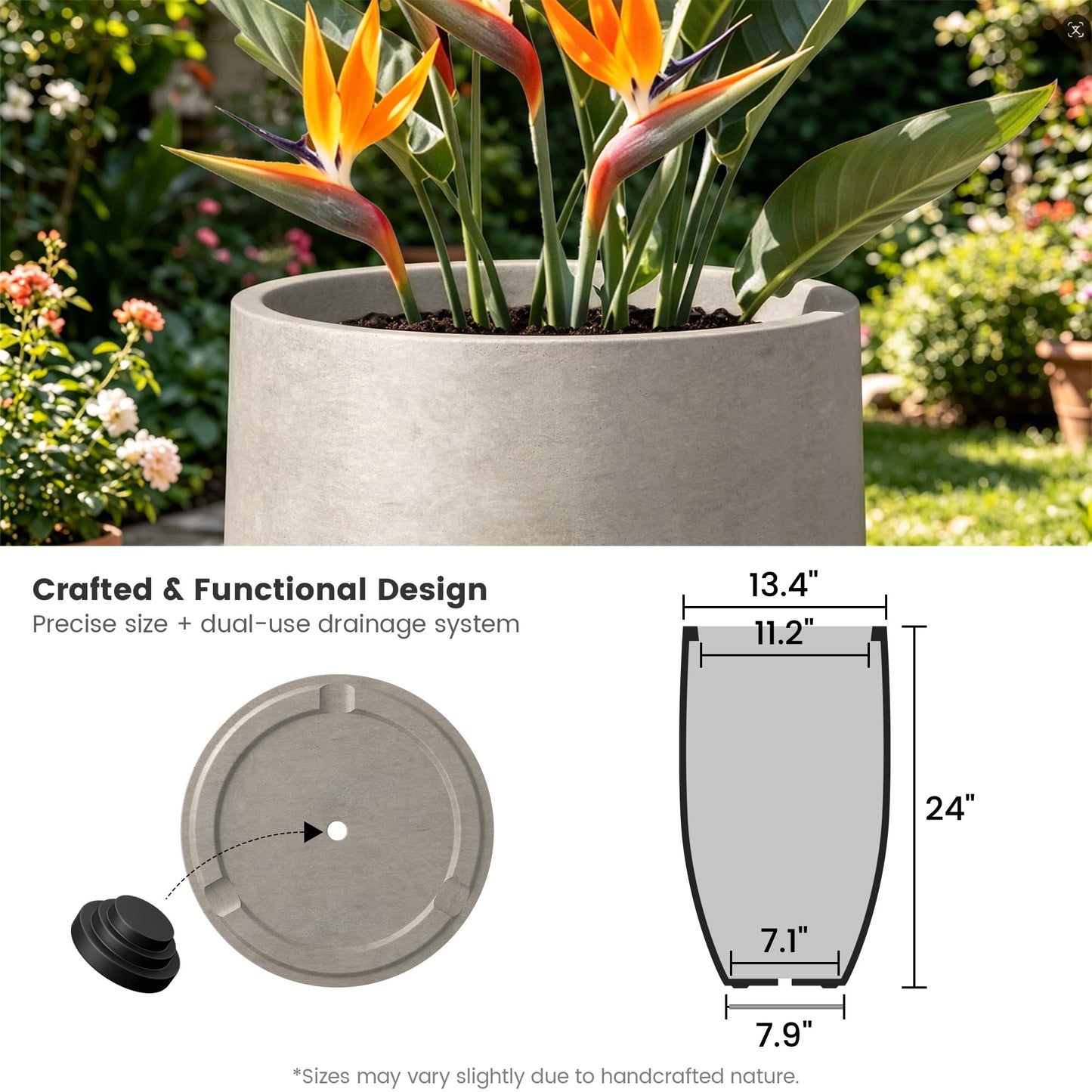 Kante 24" Tall Round Concrete Planter, 2 Pack Large Oval Plant Pots with Drainage Hole & Rubber Plug, Lightweight Weathered Concrete for Home Decor, Symmetrical Gift for Living Room Patio