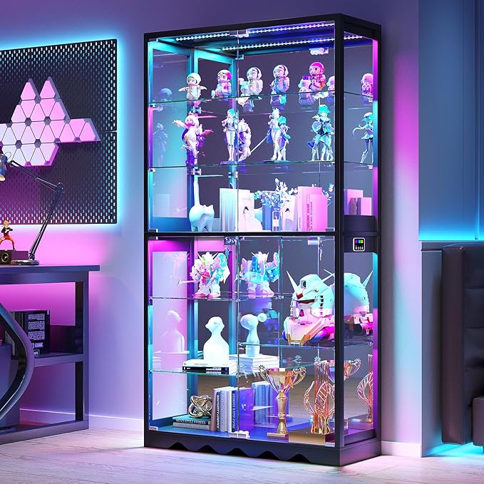 Large Display Cabinet with Glass Doors, 8-Tier RGB Curio Cabinet with Smart