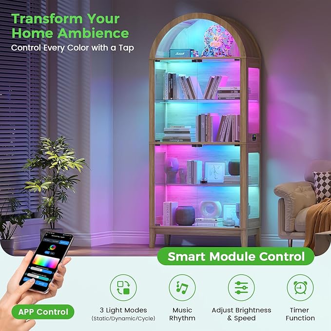 HNEBC Arched Display Case with RGB Lights, LED Curio Cabinet with Shelf