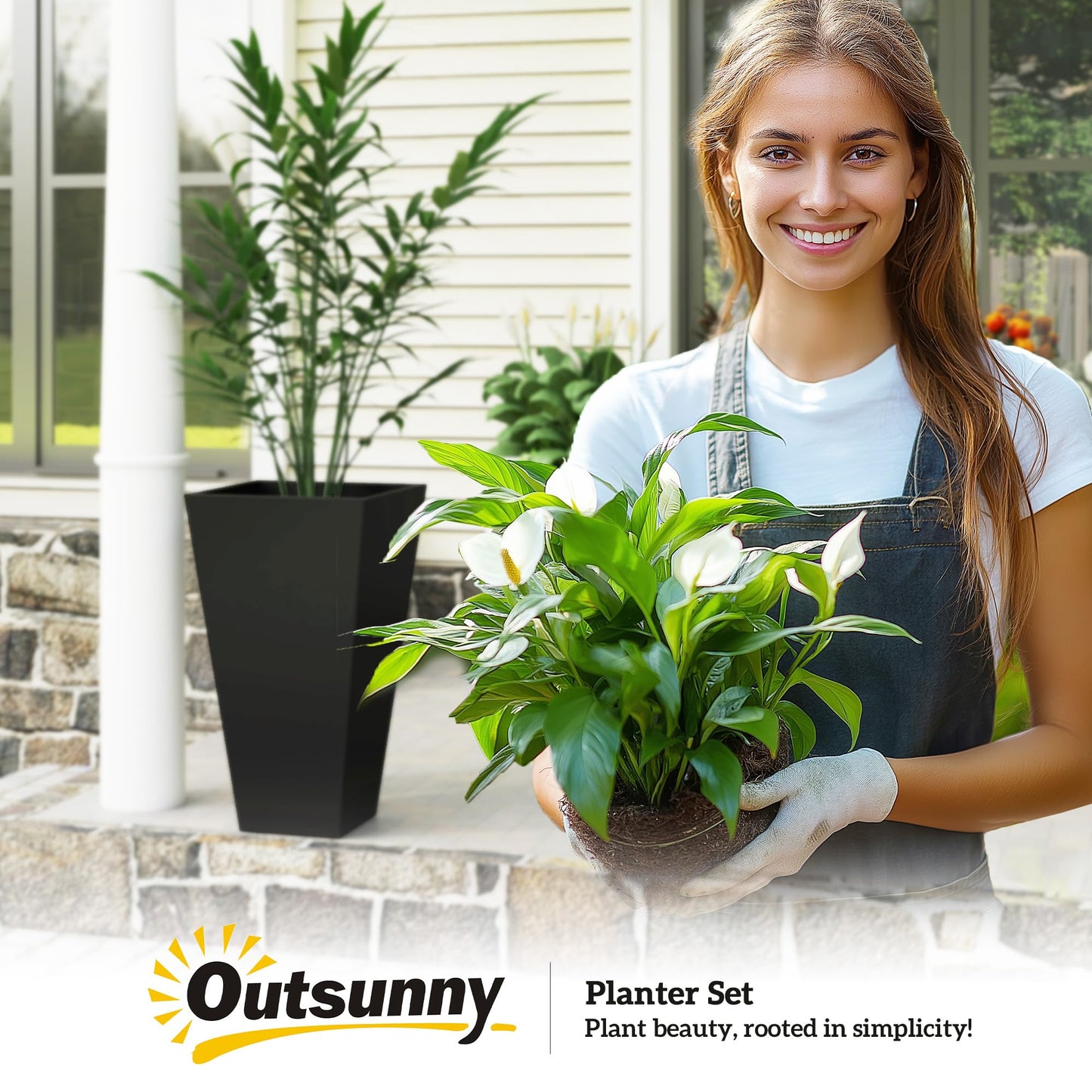 Outsunny Tall Planters for Outdoor Plants Set of 3, 28 in Taper Planters with Drainage Holes, Indoor Grande Plant Pots, Front Porch Decor, Black