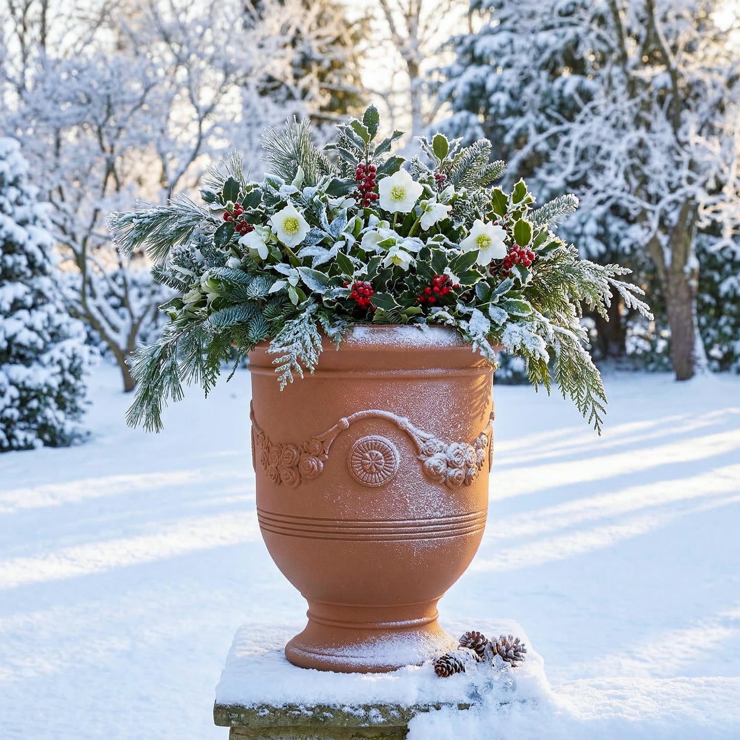KOL Large Plastic Urn Planter - 16” Dia x 19” H Lightweight Classic Planter Pot with Cement Texture & Drainage Hole, Weather Resistant for Outdoor Plants, Patio, Garden Decor (Rusty)