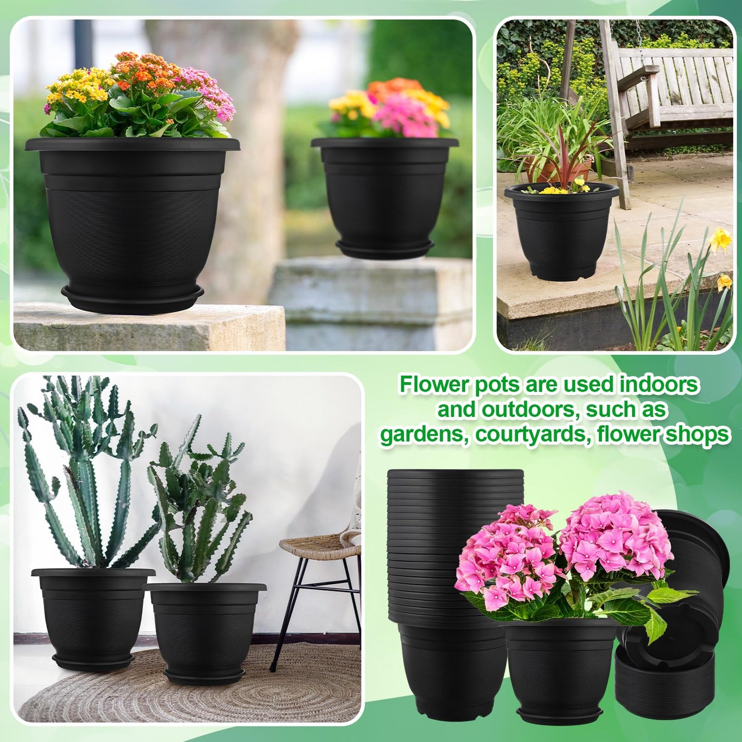Sunnychicc 12 Pack 8+'' Plastic Plant Pots Round Planter Pots with Saucer Tray Seedling Pot Hole Seed Resin Plant Pot Starting Nursery Flower Container with Pallet for Garden Outdoor Indoor(Black)