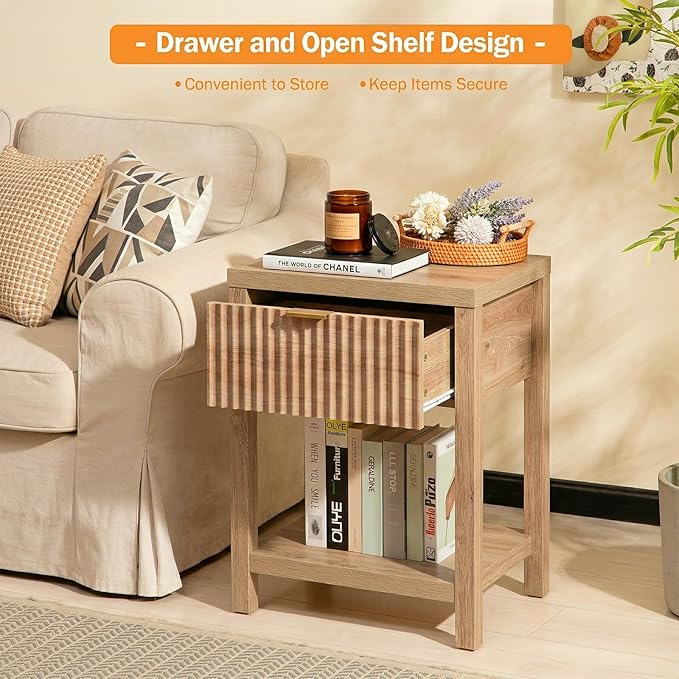 Fluted Night Stand with Golden Handle, Bedside Table with Storage Shelf