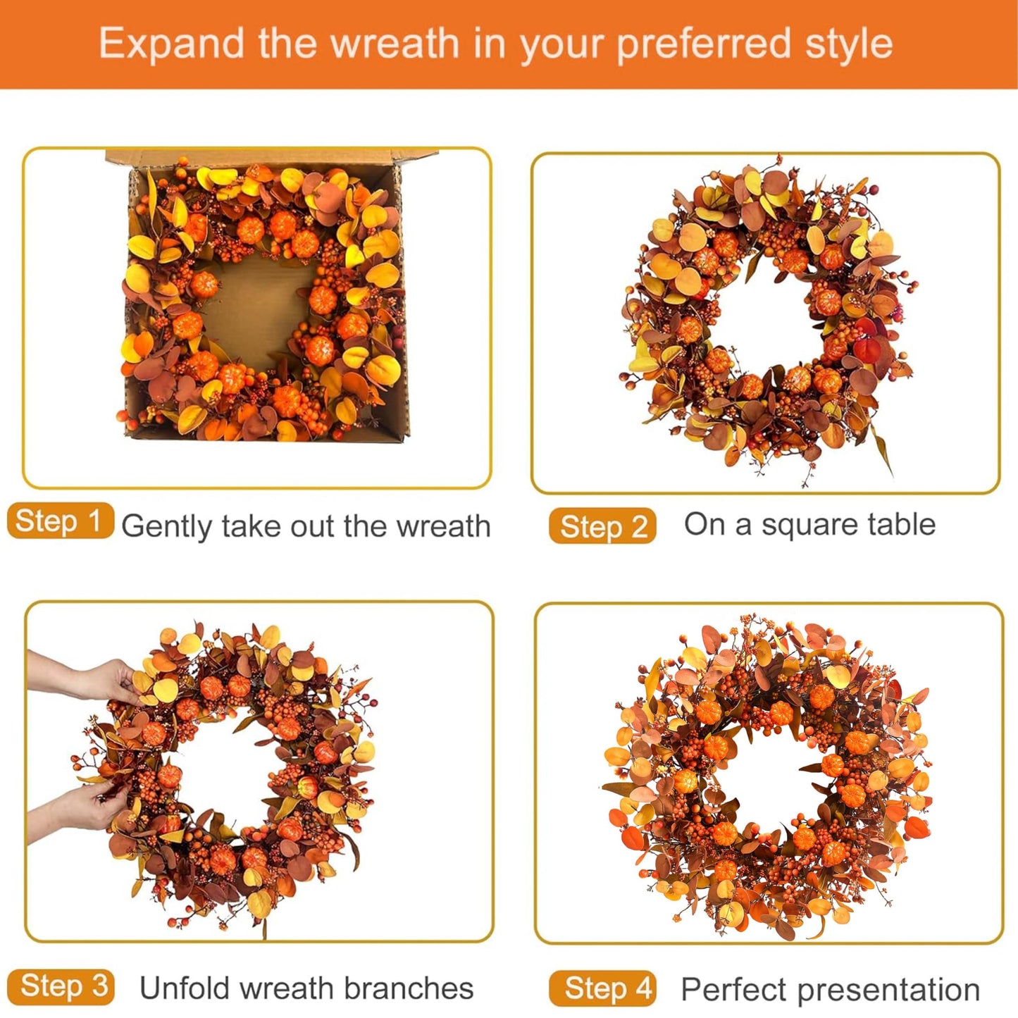 MAINGKAUNG Fall Wreath 22 Inch Fall Wreaths for Front Door Autumn Pumpkin Wreaths with Orange Eucalyptus Leaves and Berries for Indoor Outdoor Thanksgiving Harvest Festival Celebrations