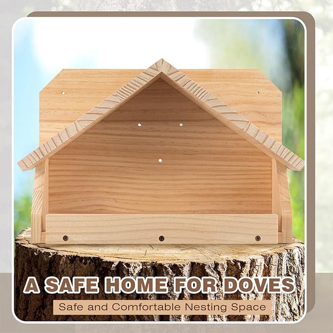 Briwooody Wooden Open Mourning Dove Nesting Box for Outside Dove Bird House 14 H x 10 W x 5.3 L Inches Bird Nesting and Roosting Platform Hanging Birdhouse Garden Decoration (Triangular Roof, Brown)