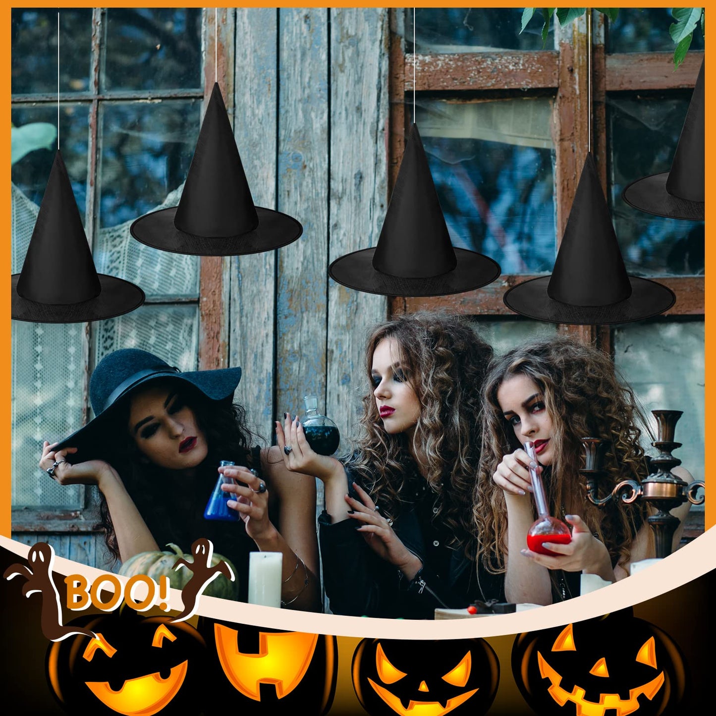 SATINIOR 12 Pcs Halloween Witch Hat Hanging Decor Floating Witch Hat with Rope Accessory and Transparent Seamless Hooks (Classic)