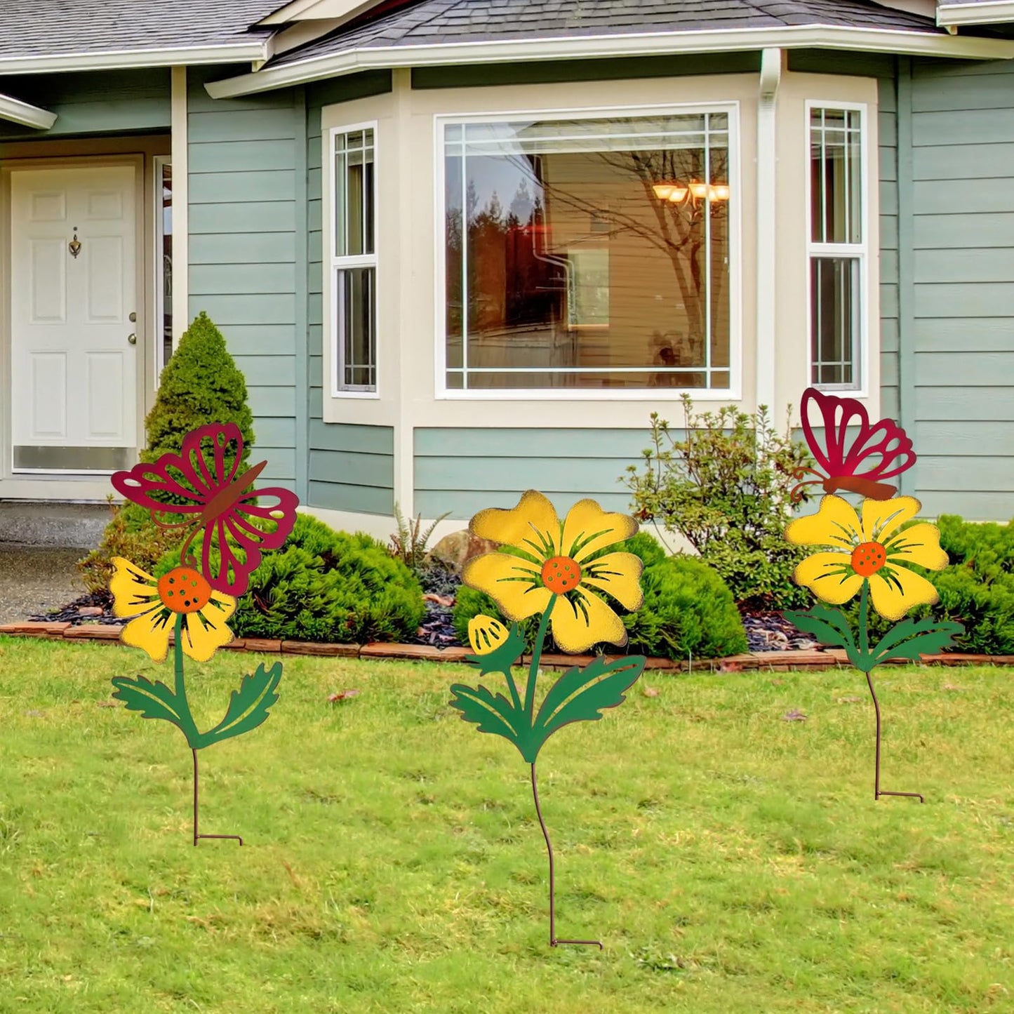 WKHOMEDECO 3 Pack Butterfly&Flower Metal Flowers for Outside & Decorative Garden Stakes - Metal Yard Art Outdoor and Garden with Rustproof Design | Spring Lawn Ornaments for Porch,Backyard,Patio