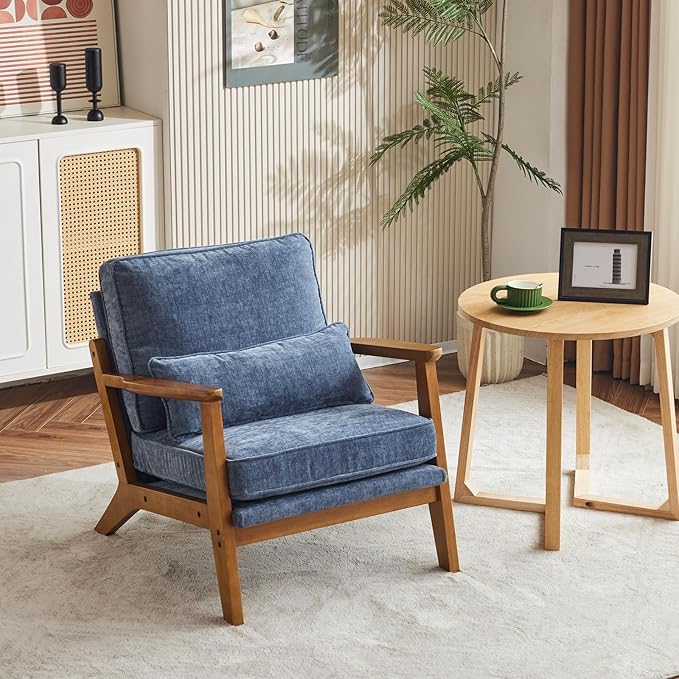 VINGLI Solid Wood Wide Armrests Accent Chair Set of 2, Upholstered Mid Century
