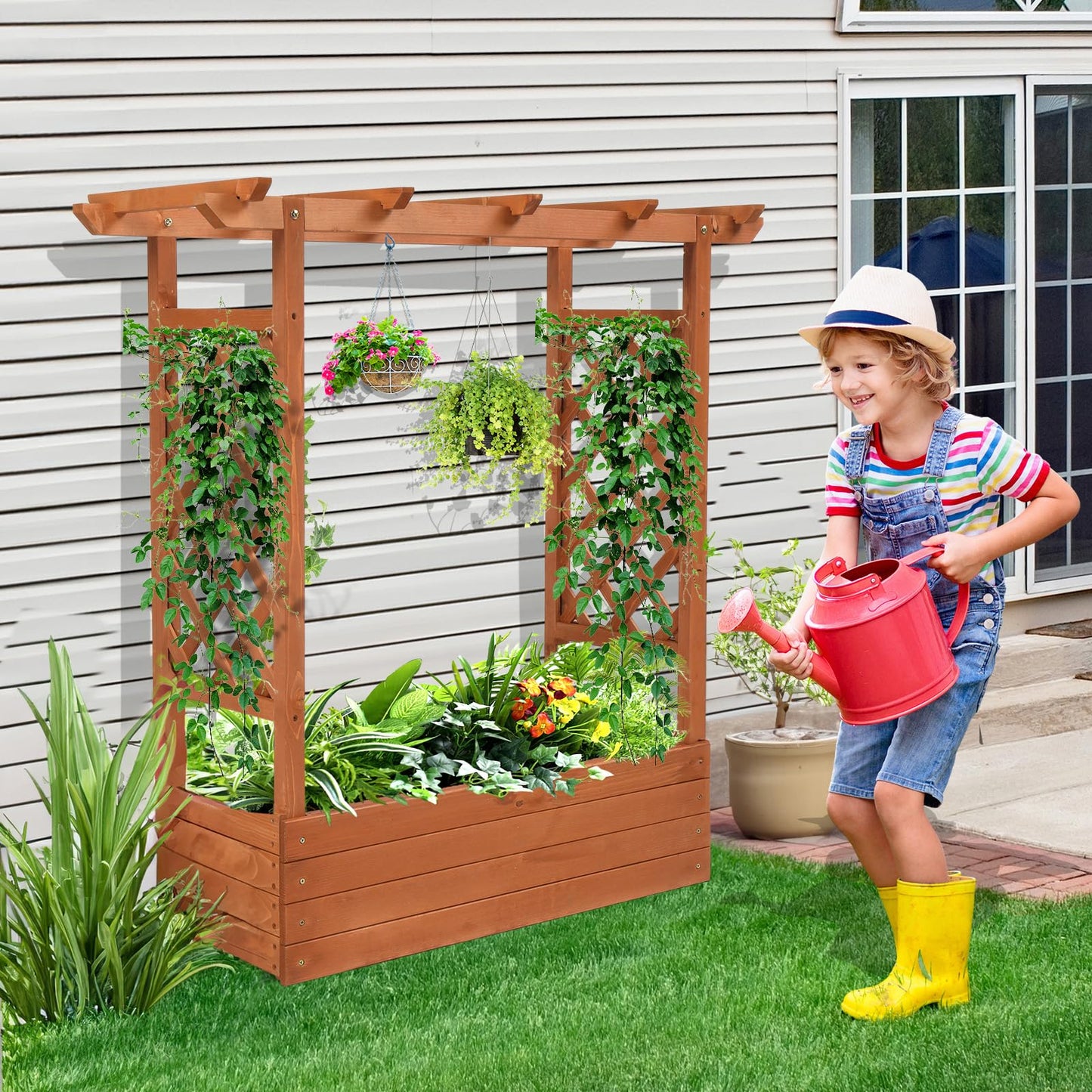 VINGLI 45-in Raised Garden Bed with Trellis & Hanging Roof, Wooden Elevated Planter Box with Drainage Holes for Outdoor Climbing Plants Vegetables Flowers, Patio Yard Balcony