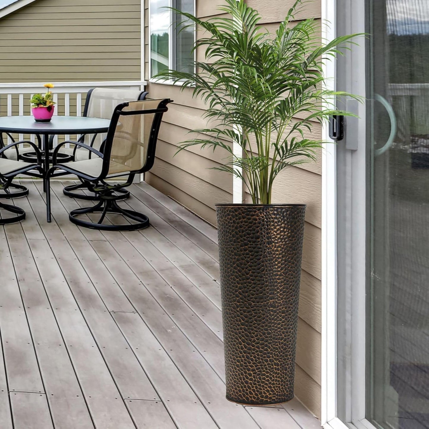 Worth 2 Pack 28" Tall Narrow Metal Planter with Inside Pot for Indoors or Outdoors, Deck, Patio or Front Porch, Hand-Hammered Texture, Bronze