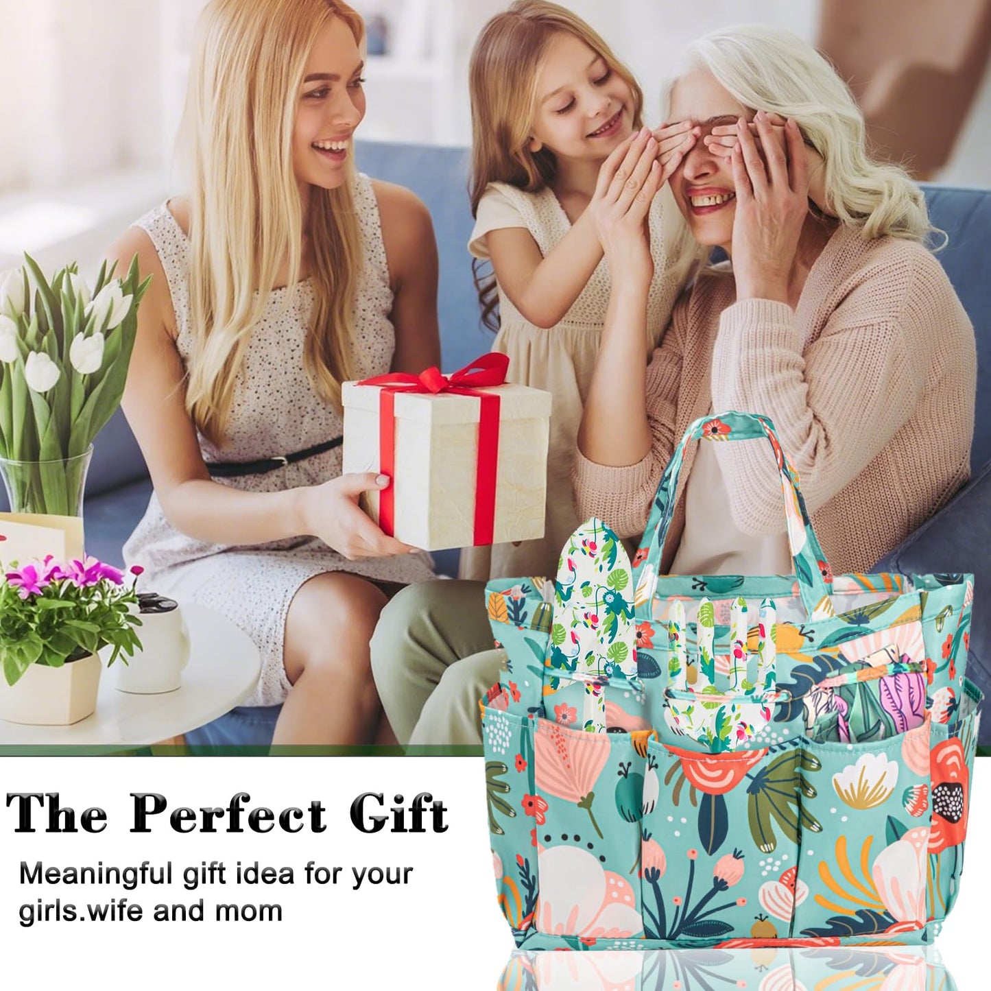 Floral Gardening Tools, Gifts for Mom Mothers Day, Mom Birthday Gifts from Daughters Floral Gardening Tools and Durable Garden Tools Organizer Tote, Ideal Gardening Gift for Women Plant Lover Present