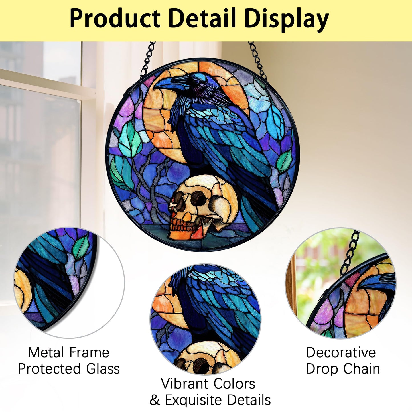 TNUW Black Raven Halloween Stained Glass Window Hanging, Gothic Skull Black Crow Sun Catchers Indoor Window Glass Round Wall Art Decor, Halloween Wall Hanging Decorations, 7.9"x7.9"