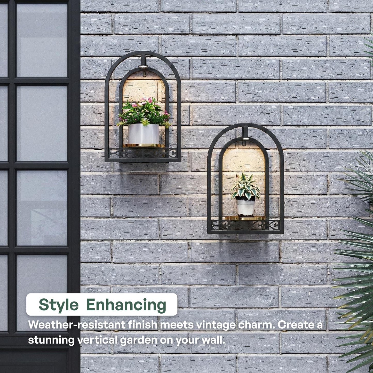 Rioneta LED Grow Light Wall Hanging Planters with USB Power, Remote Control, Modern Decor for Indoor/Outdoor Plants, Living Room, Garden, Patio 2 Pack Black