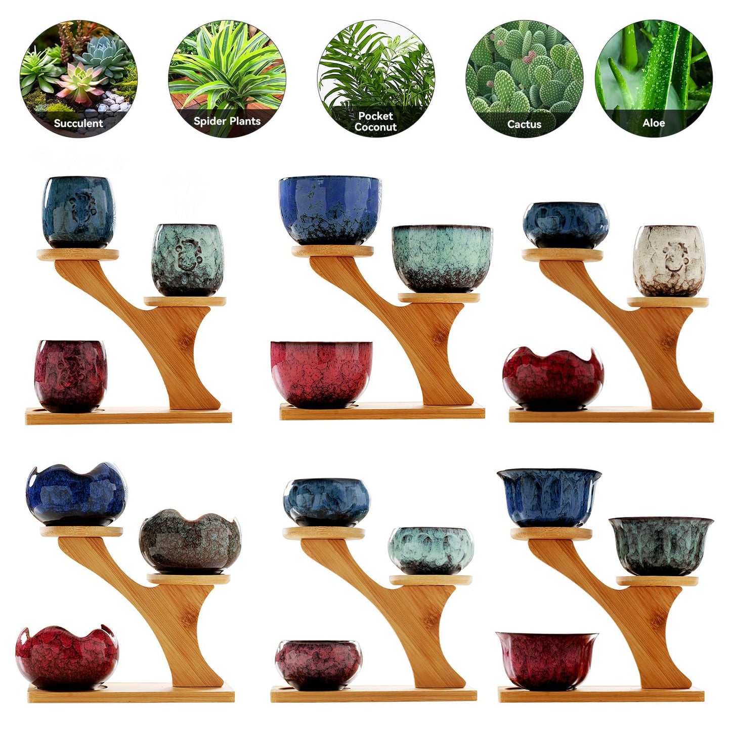 Jueison Succulent Pots with 3 Tier Bamboo Saucers Stand Holder Modern Decorative Ceramic Flower Pots with Drainage Mini Cactus Plant Pot Planters for Indoor Home Office Desk Garden Decor (#005)