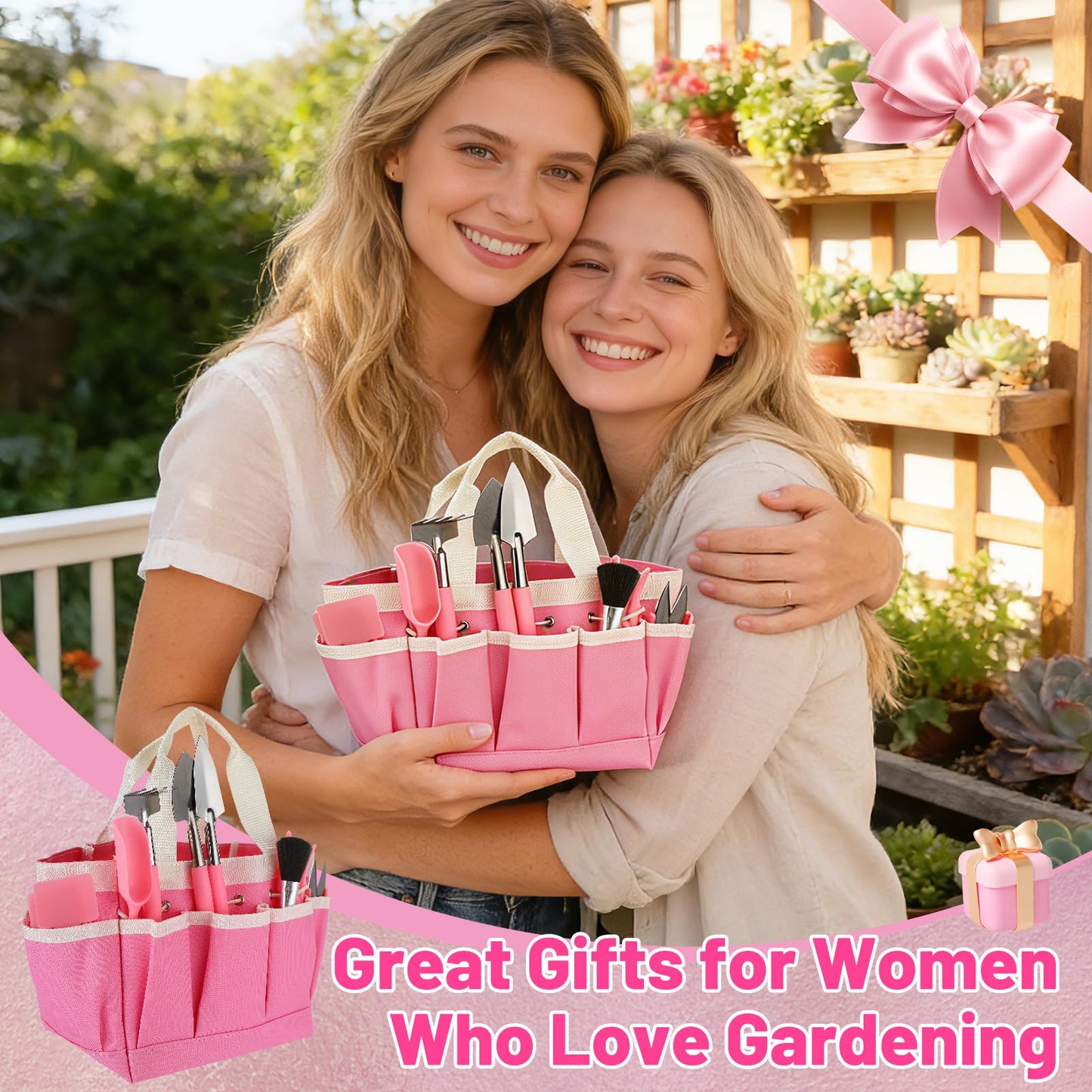 44pcs Small Gardening Tools Gifts for Women Beginners - Garden Hand Tools Set for Indoor Succulent Bonsai Plants Transplanting, Included Bag/Repotting Mat/Shovel/Labels, Pink