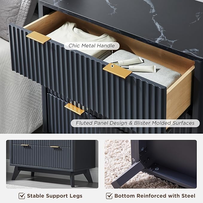 T4TREAM Fluted 3 Drawers Nightstand Set of 2, Oversized Extra Large Modern Side