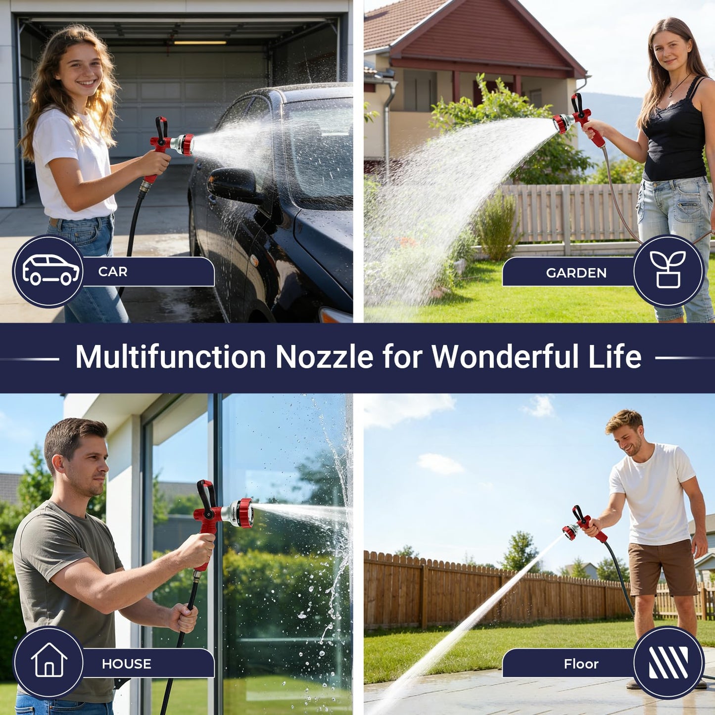 HugeDawn Garden Hose Nozzle, 6 Spray Patterns Heavy Duty Metal Water Nozzle with High Pressure for Watering, Cleaning, Washing (Red)