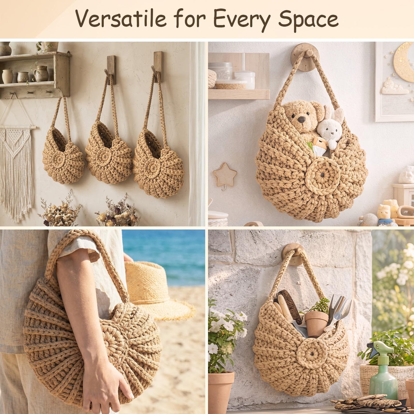 Qinyoung 3 Pack 14" 12" 10.5" Conch Wall Hanging Baskets for Kitchen Fruit Baskets with 3 Hooks Boho Decor Conch HangingWall Kitchen Storage for Fruits Vegetables Onions Potatoes