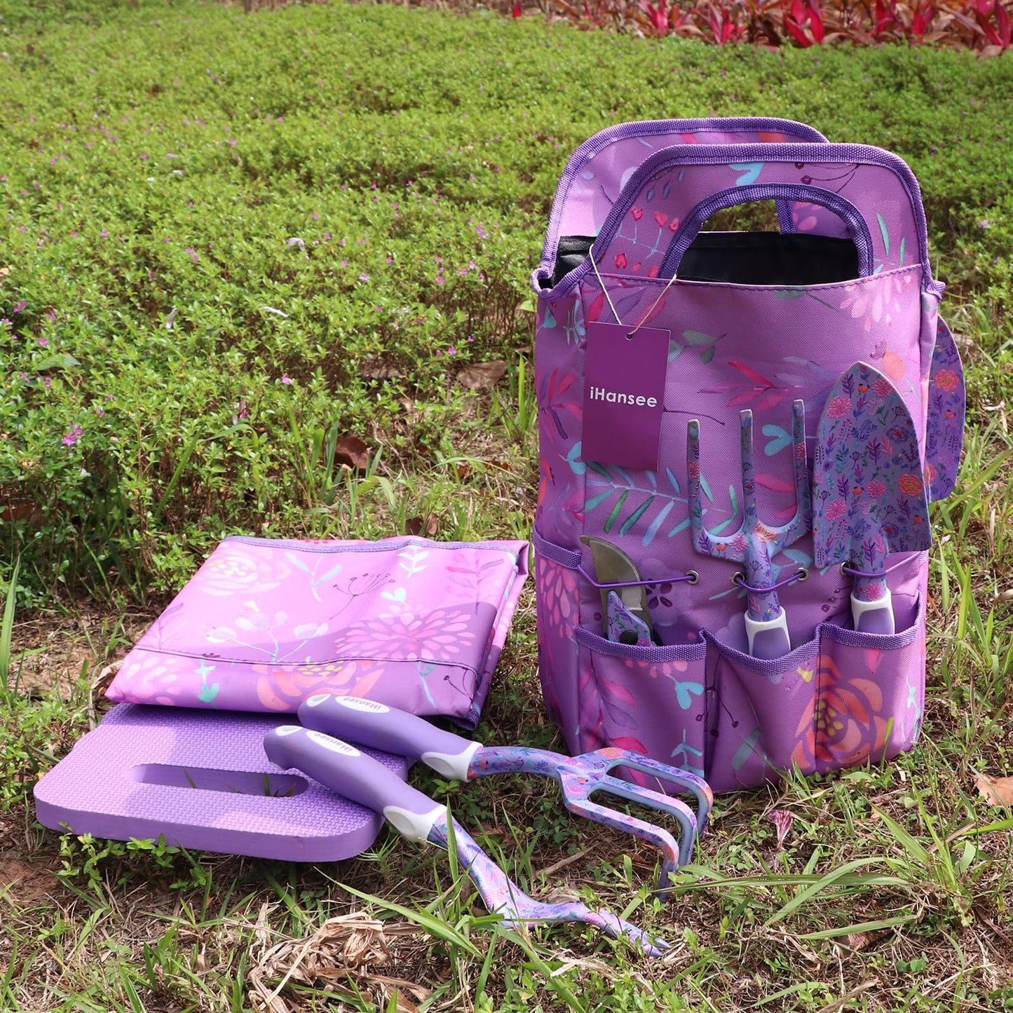iHansee Purple Garden Tool Sets 10-Piece, Aluminum Alloy Steel Hand Tools w/Non-Slip Ergonomic Handle, Floral Print Garden Supplies Organizer Handbag, Cute Gardening Tools Gift for Women Grandmother