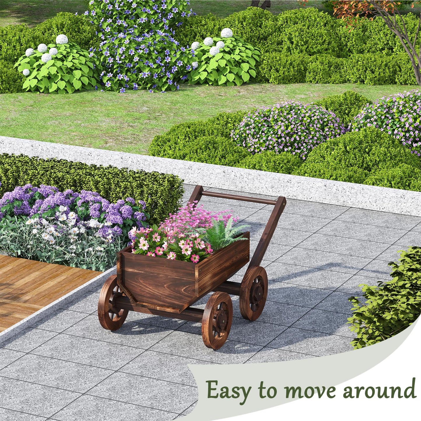 PULIJIA Wooden Wagon Planter Outdoor Garden Planter, Trolley Decoration Succulent Flower cart, Indoor Outdoor Backyard Balcon Decor cart with Wheels, Planter for Patio (HC-S)