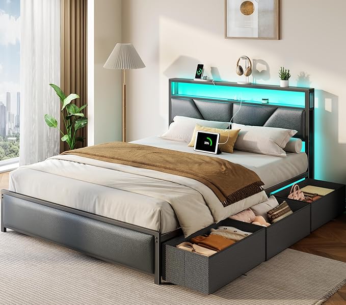 OURPIC Queen Bed Frame, 2-Tier Storage Headboard & 6 Fabric Drawers, PU Leather