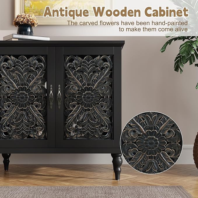 ARTPOWER Accent Cabinet with 2 Doors, Vintage Carved Wood Storage Cabinet