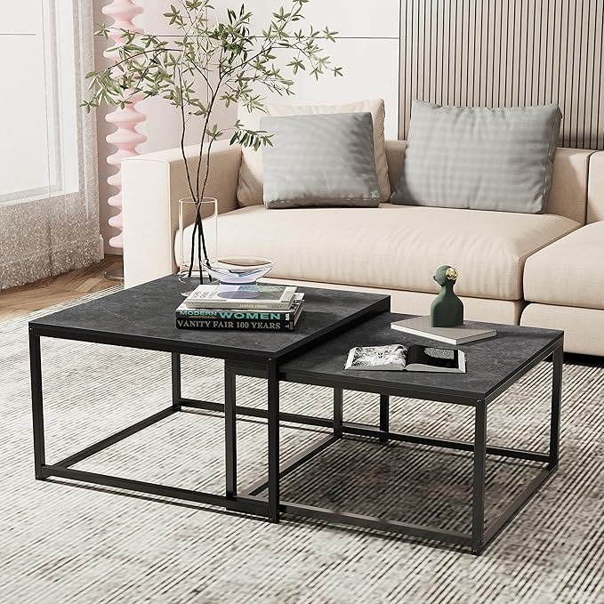 Wisfor Nesting Tables Set of 2, Nesting Black Coffee Table Set