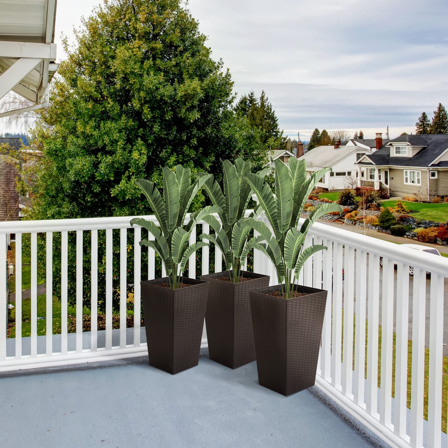 Majnesvon Set of 3 Tall Planters for Outdoor Plants, 24'' Modern Large Outdoor Planters with Drainage,Planter Pots for Patio Front Porch Backyard Decor (Brown, 24 Inch)