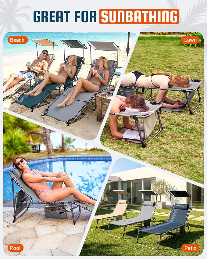 KingCamp Lounge Chair with face Hole & Canopy Shade, 400LBS Folding Portable