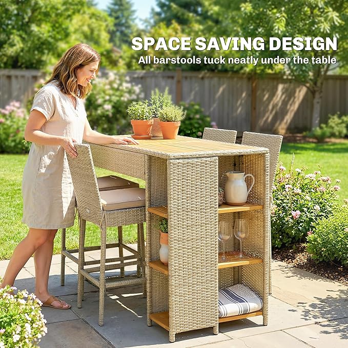 Outsunny 5 Piece Outdoor Bar Set, Wicker Outdoor High Top Table and Chairs