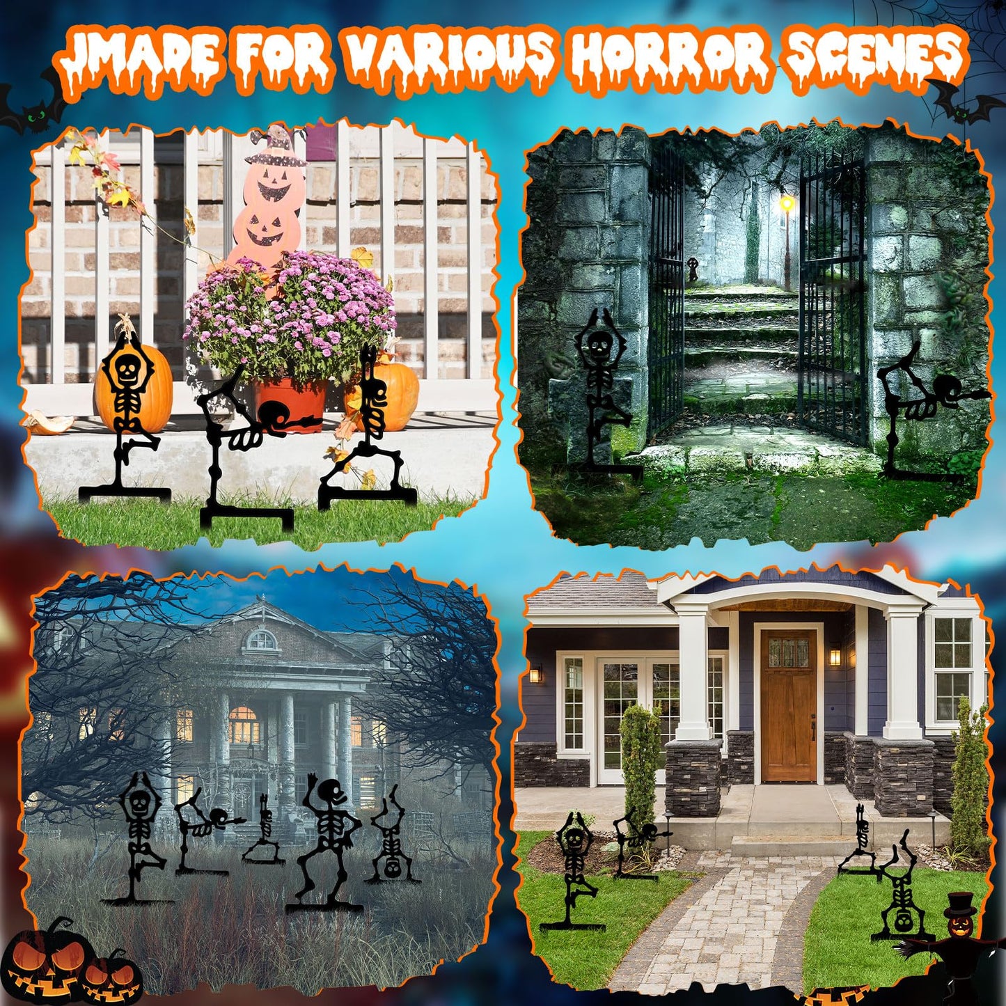 Moxweyeni 6 Pack Halloween Yard Stake 11.8" Metal Skeleton Garden Stakes Black Halloween Yard Signs Gothic Scary Decorations for Outdoor Garden Lawn Path