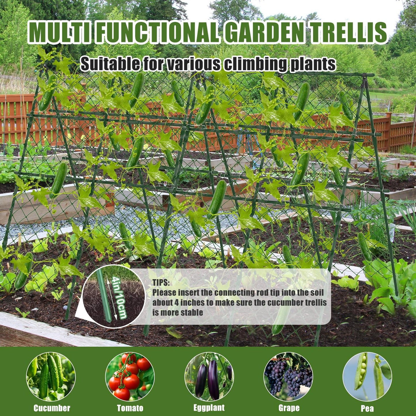 STFALI 63"H x 47"L Cucumber Trellis for Raised Bed, Adjustable Garden Trellis for Climbing Plants Outdoor with Climbing Net and Plant Support Clip, A-Frame Trellis for Vegetable, Cucumbers, Tomatoes