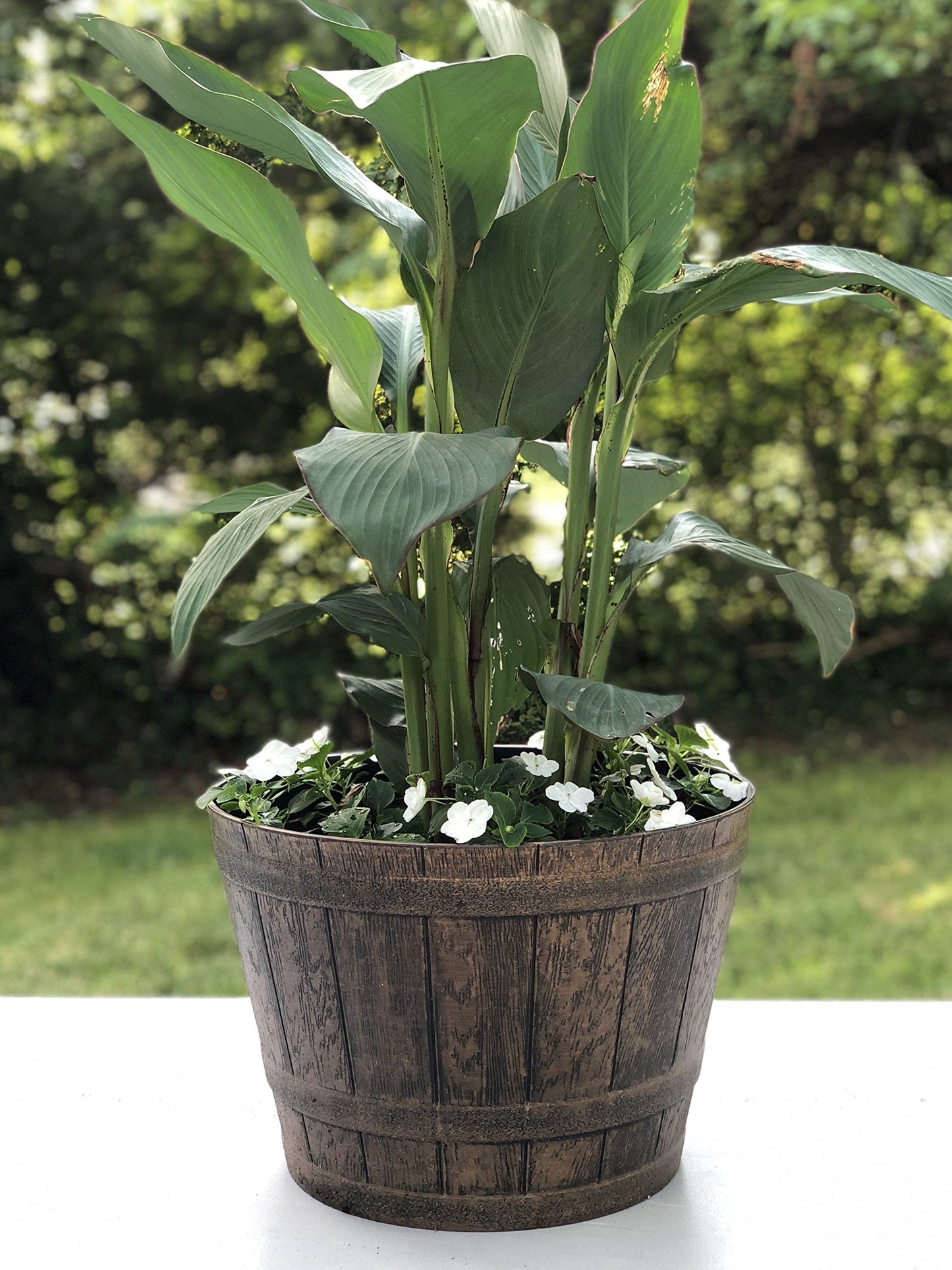 Sapphire Plant Pots Set of 2 Pack 10 inch, Copper Whiskey Barrel Planters with Drainage Holes. Plastic Decoration Flower Pots Imitation Wine Barrel Design (Copper-S)
