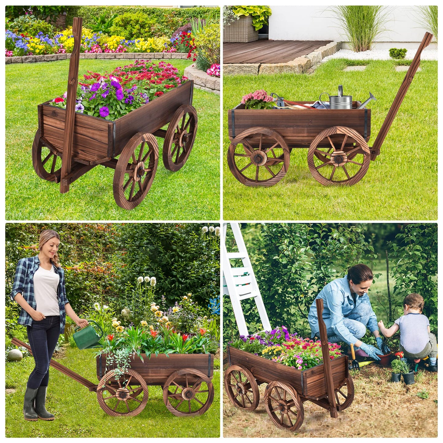 COSTWAY Wood Wagon Flower Planter Pot Stand with Wheels for Home, Garden, Indoor, Outdoor, Decor